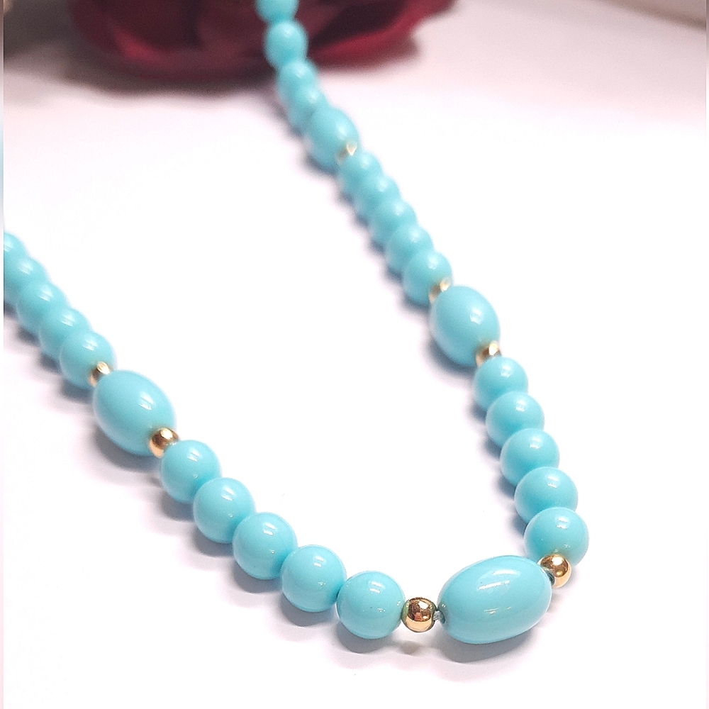 Vintage Avon Blue & Gold Lucite Beaded Necklace Snap Closure